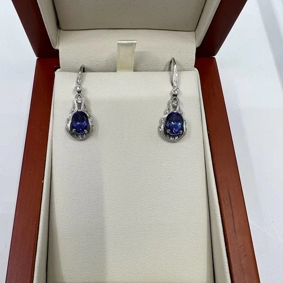 Tanzanite, Diamond, and 14K White Gold Drop Earrings - Picture 1 of 7